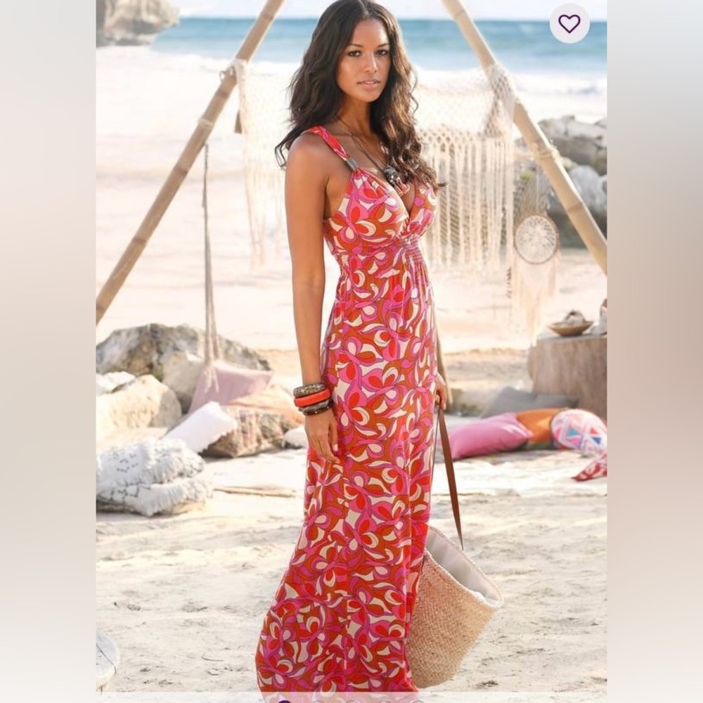 LASCANA Women’s US 8 EU 40 Sleeveless Maxi Dress Pink Retro Boho Floral Viscose